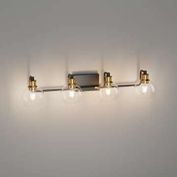 Tipace Industrial Bathroom Vanity Lighting Fixtures 4-Lights Vintage Black & Gold Finish with Globe Clear Glass Vanity Lights Farmhouse Bath Lighting(Exclude Bulb)