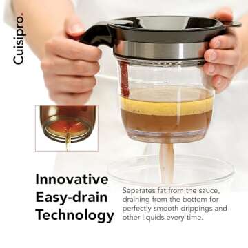 Cuisipro Fat Separator with Bottom Release, Plastic, 4 Cup Strainer with Handle, Grease Strainer Dis...