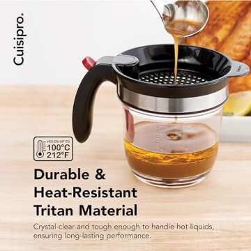 Cuisipro Fat Separator with Bottom Release, Plastic, 4 Cup Strainer with Handle, Grease Strainer Dishwasher Safe, Oil Separator for Kitchen