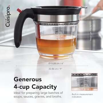 Cuisipro Fat Separator with Bottom Release, Plastic, 4 Cup Strainer with Handle, Grease Strainer Dishwasher Safe, Oil Separator for Kitchen