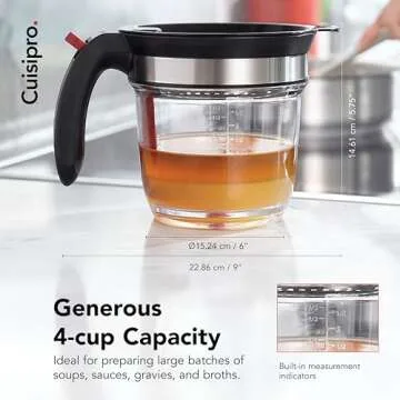 Cuisipro Fat Separator with Bottom Release, Plastic, 4 Cup Strainer with Handle, Grease Strainer Dishwasher Safe, Oil Separator for Kitchen