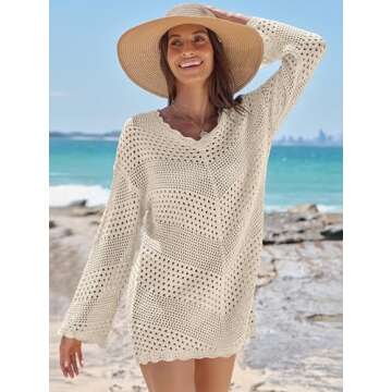 ANRABESS Women Swimsuit Crochet Swim Cover Up Summer Bathing Suit Swimwear V Neck Mesh Knit Beach Dress Vacation Outfits Large Beige