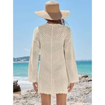 ANRABESS Women Swimsuit Crochet Swim Cover Up Summer Bathing Suit Swimwear V Neck Mesh Knit Beach Dress Vacation Outfits Large Beige