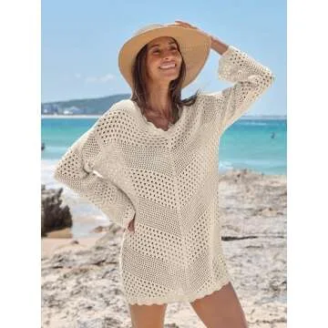 ANRABESS Women Swimsuit Crochet Swim Cover Up Summer Bathing Suit Swimwear V Neck Mesh Knit Beach Dress Vacation Outfits Large Beige