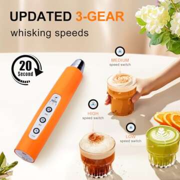 YUSWKO Fluorescence Orange Handheld Milk Frother Wand for Coffee, Rechargeable Electric Whisk with 3...