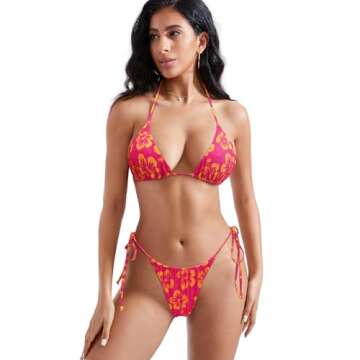 MOSHENGQI Women Sexy Brazilian Bikini 2 Piece Spaghetti Strap Top Thong Swimsuit Bathing Suit(M,Pink Flower)