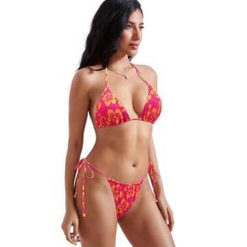 MOSHENGQI Women Sexy Brazilian Bikini 2 Piece Spaghetti Strap Top Thong Swimsuit Bathing Suit(M,Pink Flower)