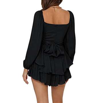 LYANER Women's Jumpsuit Lantern Long Sleeve Ruffle Layer Tie Mini Short Romper Solid Black Medium