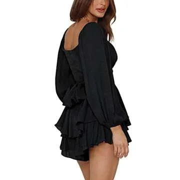 LYANER Women's Jumpsuit Lantern Long Sleeve Ruffle Layer Tie Mini Short Romper Solid Black Medium
