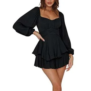 LYANER Women's Jumpsuit Lantern Long Sleeve Ruffle Layer Tie Mini Short Romper Solid Black Medium