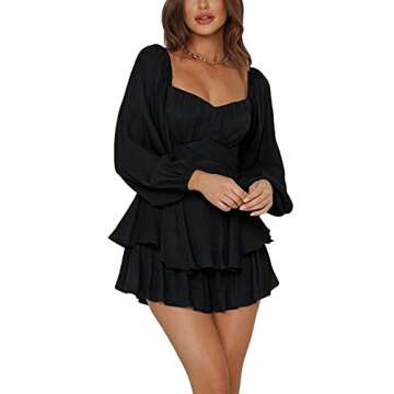 LYANER Women's Jumpsuit Lantern Long Sleeve Ruffle Layer Tie Mini Short Romper Solid Black Medium