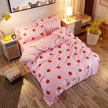 Kawaii Strawberry Comforter Set for Girls Women Kids