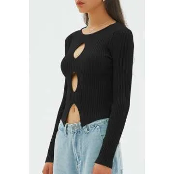 CHYRII Womens Sexy Fall Fashion Cutout Tops Ribbed Knit Winter Pullover Sweater Going Out Crop Tops Black S