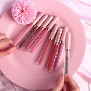 QiBest 7Pcs Matte Liquid Lipstick and 1Pcs Lip Plumper Makeup Set, Pigmented Waterproof Halloween Lip Make Up Valentine's Gift Lip Gloss Sets Long Wearing Velvet Lip Kit for Teens & Women