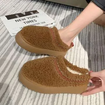 Winter Fuzzy Slippers for Women Platform Snow Boots Thickened Flat Boots Fur Lined Warm Durable Shoes Home Slippers Anti-Slip Boot for Outdoor - 39