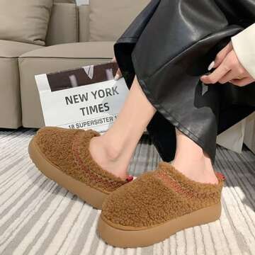 Winter Fuzzy Slippers for Women Platform Snow Boots Thickened Flat Boots Fur Lined Warm Durable Shoes Home Slippers Anti-Slip Boot for Outdoor - 39