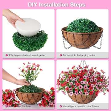 INXUGAO Artificial Silk Flowers Hanging Baskets Outdoors Indoors,Daisy with Eucalyptus Leaves Arrangement for Garden Yard Spring Summer Decor,Faux Green Plant Metal Coconut Lining Flowerpot(Red Pink)