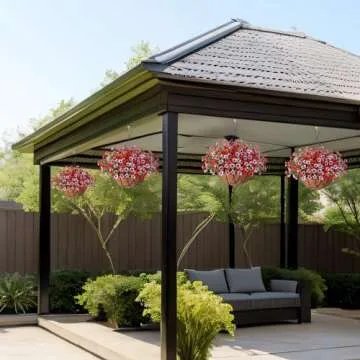 INXUGAO Artificial Silk Flowers Hanging Baskets Outdoors Indoors,Daisy with Eucalyptus Leaves Arrangement for Garden Yard Spring Summer Decor,Faux Green Plant Metal Coconut Lining Flowerpot(Red Pink)