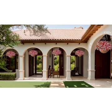 INXUGAO Artificial Silk Flowers Hanging Baskets Outdoors Indoors,Daisy with Eucalyptus Leaves Arrangement for Garden Yard Spring Summer Decor,Faux Green Plant Metal Coconut Lining Flowerpot(Red Pink)