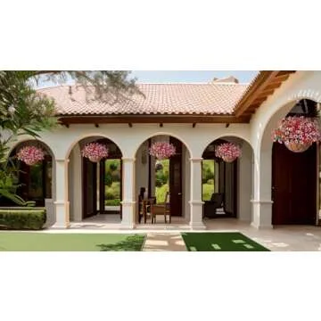 INXUGAO Artificial Silk Flowers Hanging Baskets Outdoors Indoors,Daisy with Eucalyptus Leaves Arrangement for Garden Yard Spring Summer Decor,Faux Green Plant Metal Coconut Lining Flowerpot(Red Pink)