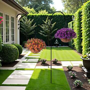 INXUGAO Artificial Silk Flowers Hanging Baskets Outdoors Indoors,Daisy with Eucalyptus Leaves Arrangement for Garden Yard Spring Summer Decor,Faux Green Plant Metal Coconut Lining Flowerpot(Red Pink)