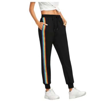SweatyRocks Women's Drawstring Waist Striped Side Jogger Sweatpants with Pockets,Black,Large