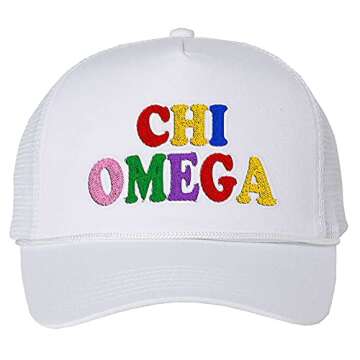 Chi Omega Chi O Rainbow Trucker Hat - Stylish White Design with Braid Detail