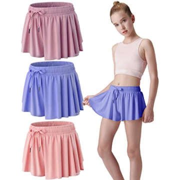 3 Pack Girls Flowy Shorts with Spandex Liner 2-in-1 Youth Butterfly Skirts for Fitness, Running, Spo...