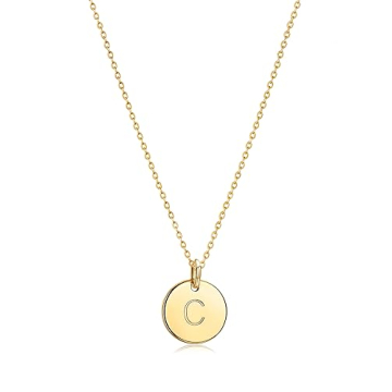Bemoly Initial Necklace for Women Round 11MM Coin Disc Double Side Engraved Letter C Hammered Pendan...