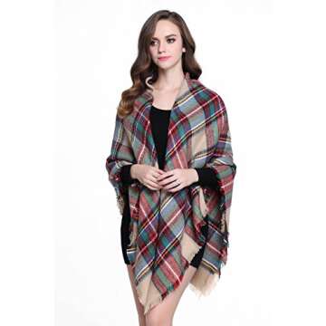 Buttons and Pleats Women Plaid Blanket Shawl Scarf for Fashion Wear & Winter