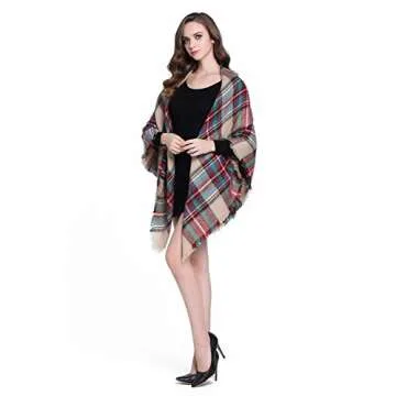 Buttons and Pleats Women Plaid Blanket Shawl Scarf for Fashion Wear & Winter