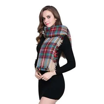 Buttons and Pleats Women Plaid Blanket Shawl Scarf for Fashion Wear & Winter