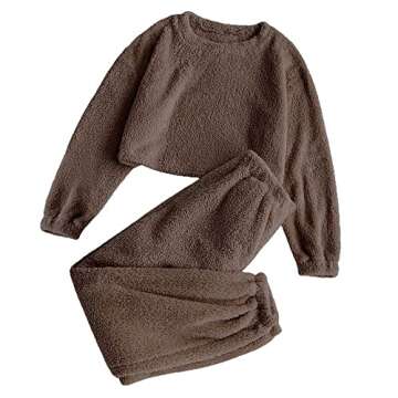 ZAFUL Women's Fuzzy Lounge Casual Pajamas Sets Long Sleeve Fleece Pullover and Pants Set Fluffy Loungewear Sleepwear Brown