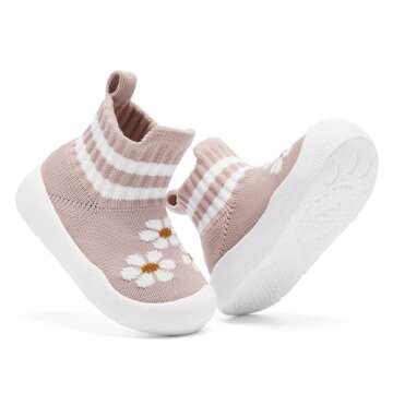 Engtoy Baby Shoes Baby Sock Shoes Baby Walking Shoes Infant Non-Slip Breathable Slippers with Soft Rubber Sole Baby Boys Girls Slip On Sneakers Pink Flower