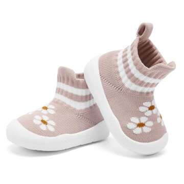 Engtoy Baby Shoes Baby Sock Shoes Baby Walking Shoes Infant Non-Slip Breathable Slippers with Soft Rubber Sole Baby Boys Girls Slip On Sneakers Pink Flower