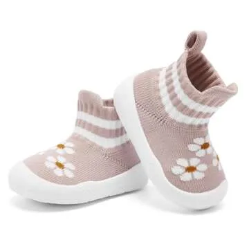 Engtoy Baby Shoes Baby Sock Shoes Baby Walking Shoes Infant Non-Slip Breathable Slippers with Soft Rubber Sole Baby Boys Girls Slip On Sneakers Pink Flower