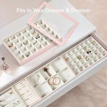 VEE&CO. jewelry organizer stackable jewelry tray,Drawer Display jewelry box,for Necklace Rings Bracele earring organizer,women jewelry organizers and storage,35 Grid Pink