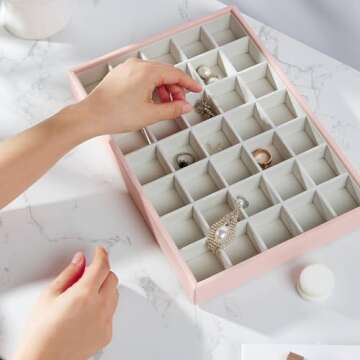 VEE&CO. jewelry organizer stackable jewelry tray,Drawer Display jewelry box,for Necklace Rings Bracele earring organizer,women jewelry organizers and storage,35 Grid Pink