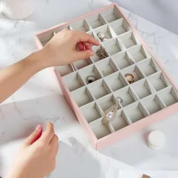 VEE&CO. jewelry organizer stackable jewelry tray,Drawer Display jewelry box,for Necklace Rings Bracele earring organizer,women jewelry organizers and storage,35 Grid Pink