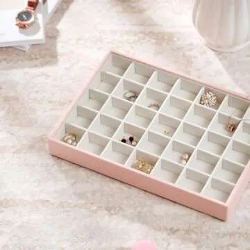 VEE&CO. jewelry organizer stackable jewelry tray,Drawer Display jewelry box,for Necklace Rings Bracele earring organizer,women jewelry organizers and storage,35 Grid Pink