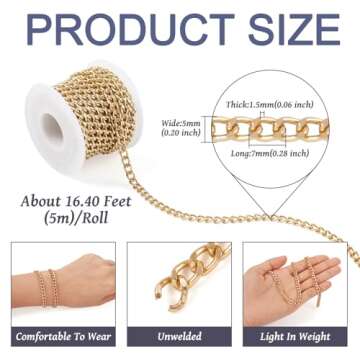 Pandahall 16.4 Feet Aluminum Curb Chains 7x5x1.5mm Golden Metal Craft Chains Unwelded Jewelry Link Chains for Jewelry Making Necklace Bracelet