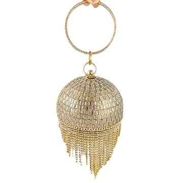 Gold Round Ball Clutch with Tassel, Women's Evening Bags for Parties, Rhinestone Wristlet Crystal Ha...