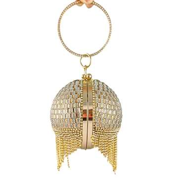Gold Round Ball Clutch with Tassel, Women's Evening Bags for Parties, Rhinestone Wristlet Crystal Handbag
