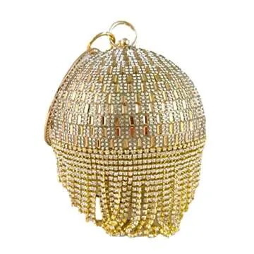 Gold Round Ball Clutch with Tassel, Women's Evening Bags for Parties, Rhinestone Wristlet Crystal Handbag