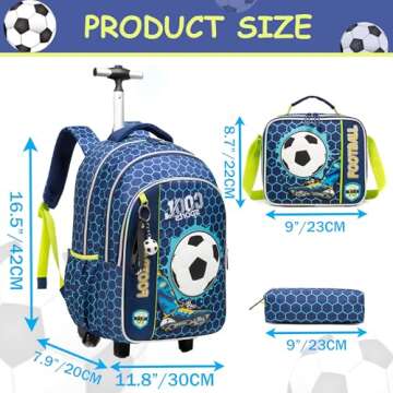 Meetbelify Football Rolling Backpack for Boys 3 in 1 Backpacks with Wheels Kids Suitcase for Boys Tr...