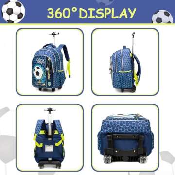 Meetbelify Football Rolling Backpack for Boys 3 in 1 Backpacks with Wheels Kids Suitcase for Boys Travel Luggage with Lunch Box Pencil Case for Elementary Students Back to School Supplies