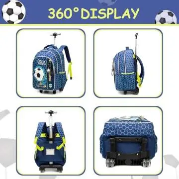 Meetbelify Football Rolling Backpack for Boys 3 in 1 Backpacks with Wheels Kids Suitcase for Boys Travel Luggage with Lunch Box Pencil Case for Elementary Students Back to School Supplies