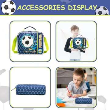 Meetbelify Football Rolling Backpack for Boys 3 in 1 Backpacks with Wheels Kids Suitcase for Boys Travel Luggage with Lunch Box Pencil Case for Elementary Students Back to School Supplies