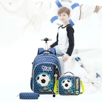 Meetbelify Football Rolling Backpack for Boys 3 in 1 Backpacks with Wheels Kids Suitcase for Boys Travel Luggage with Lunch Box Pencil Case for Elementary Students Back to School Supplies