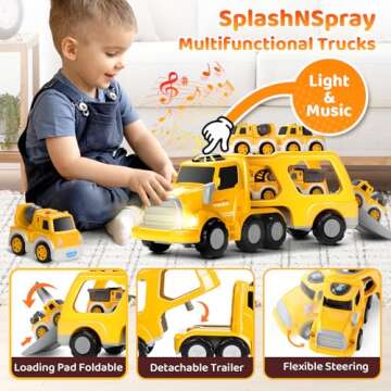 SplashNSpray 8 in 1 Fire Truck Toy Cars for Kids, Carrier Truck for 3 4 5 6 Years Old Boys Girls Toddlers, Pull Back Cars Set with Music & Light, Birthday Presents for Kids, (Yellow)